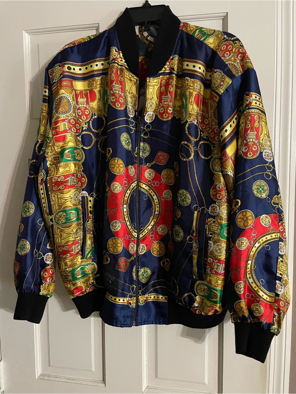 Navy Multi-Color Satin Bomber Jacket - Women
